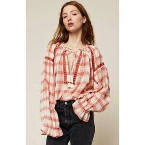 Free People Boho Fall Plaid Honey Grove Top Size Small